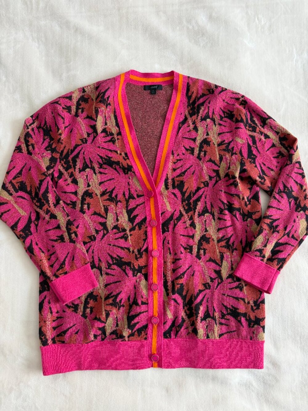 J Crew Palm Print Boyfriend Cardigan Sweater Womens L Pink Orange Tropical